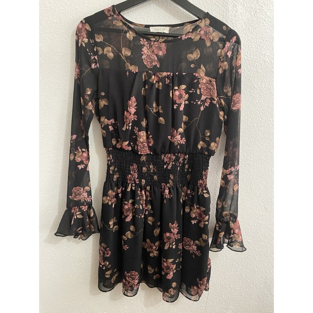 Taylor & Sage Floral Ruffle Dress Sz S Sheer Sleeves Georgette Ruffles G54